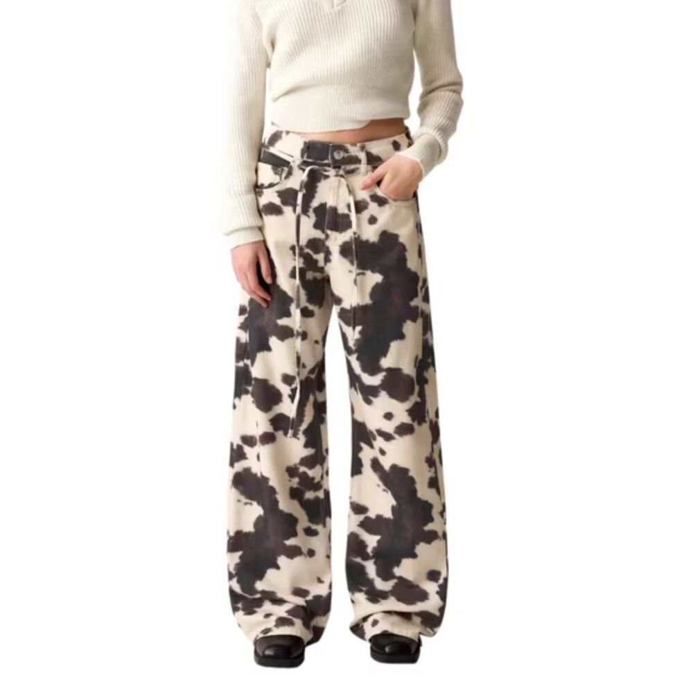 NWT Cow Print Wide Leg Jeans High Rise Baggy Denim Y2K Western Statement Rodeo